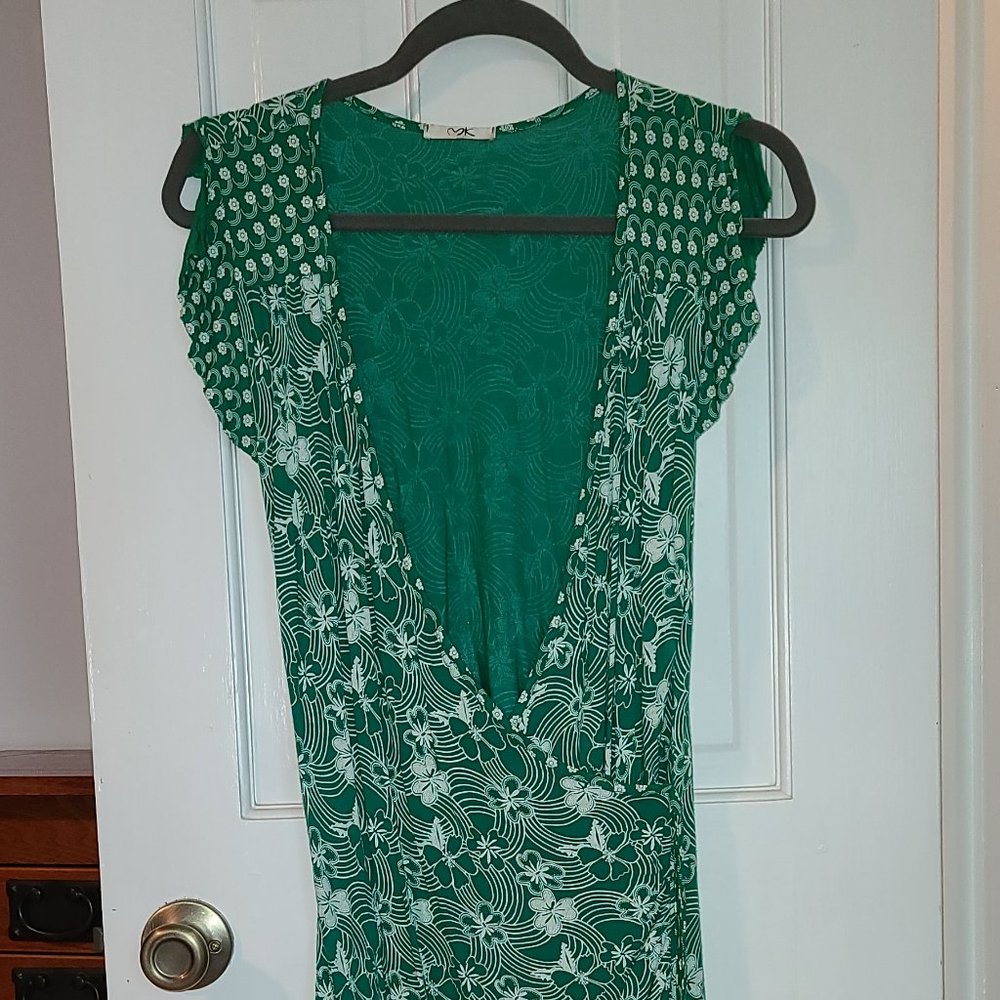 Vintage Floral Wrap Dress - M - Green